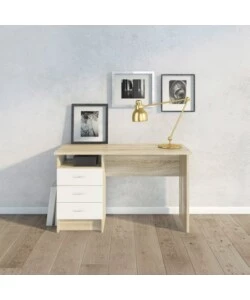 SCRIVANIA IN MDF EFFETTO QUERCIA CON TRE CASSETTI BIANCHI, 72X48X120 CM
